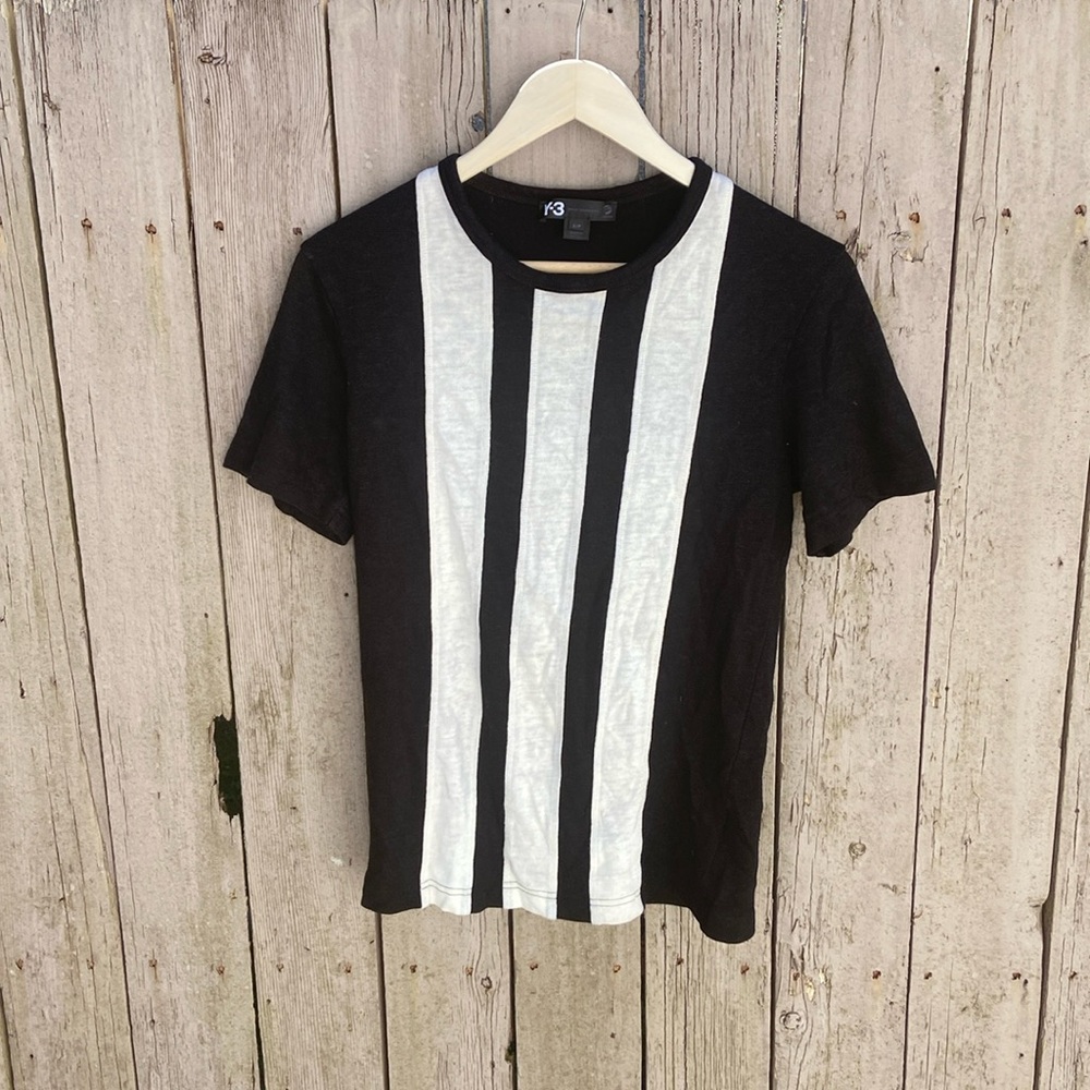 Vintage Y-3 Black and White Short Sleeve Tee with Geometric Stripes